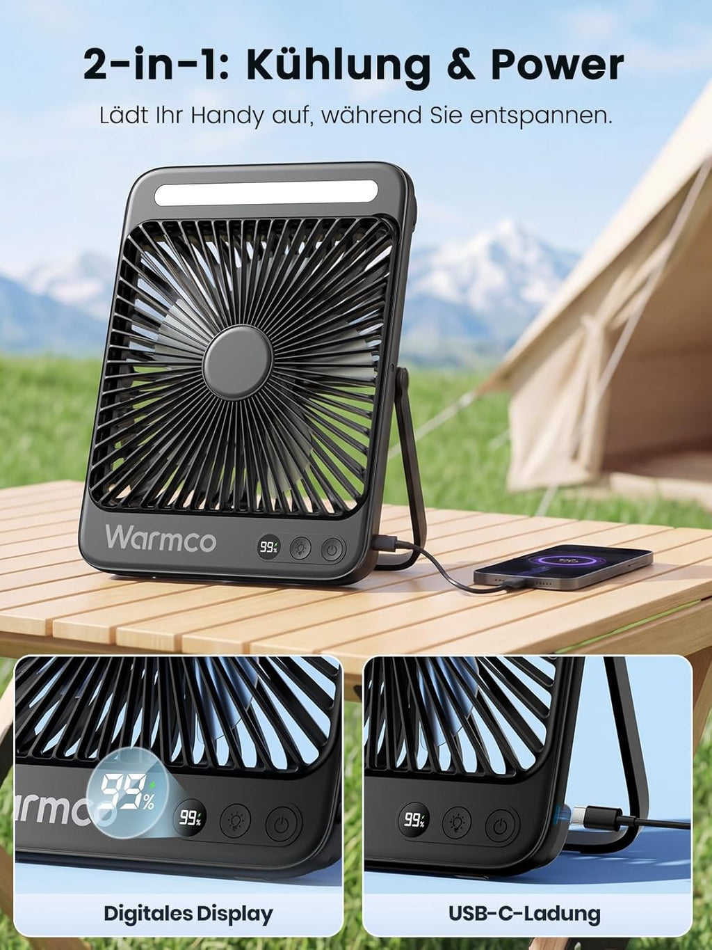 Warmco 20000 mAh Akku-Campingventilator mit LED-Lampe