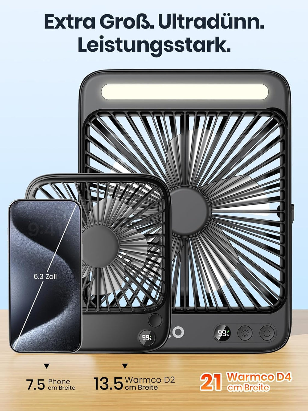 Warmco 20000 mAh Akku-Campingventilator mit LED-Lampe