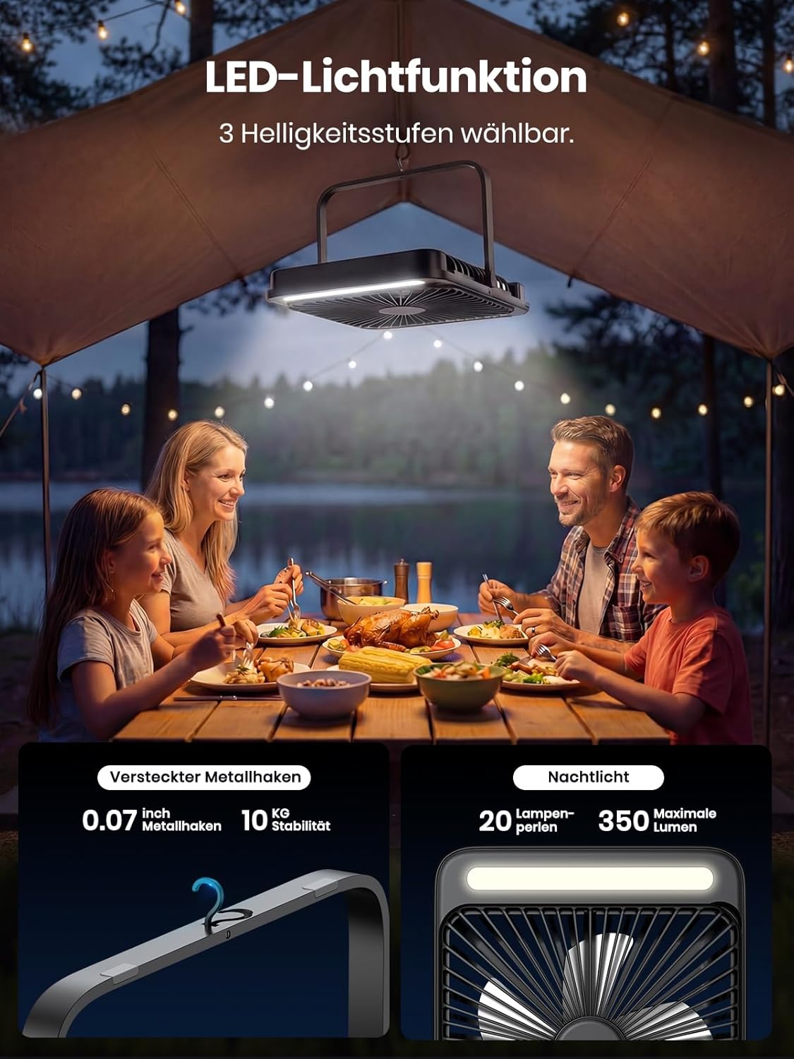 Warmco 20000 mAh Akku-Campingventilator mit LED-Lampe