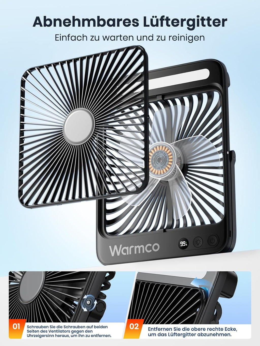 Warmco 20000 mAh Akku-Campingventilator mit LED-Lampe