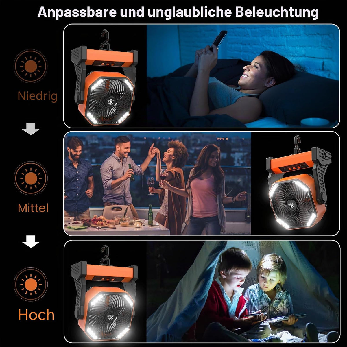 KITWLEMEN Akku-Campingventilator 20000 mAh mit LED-Licht