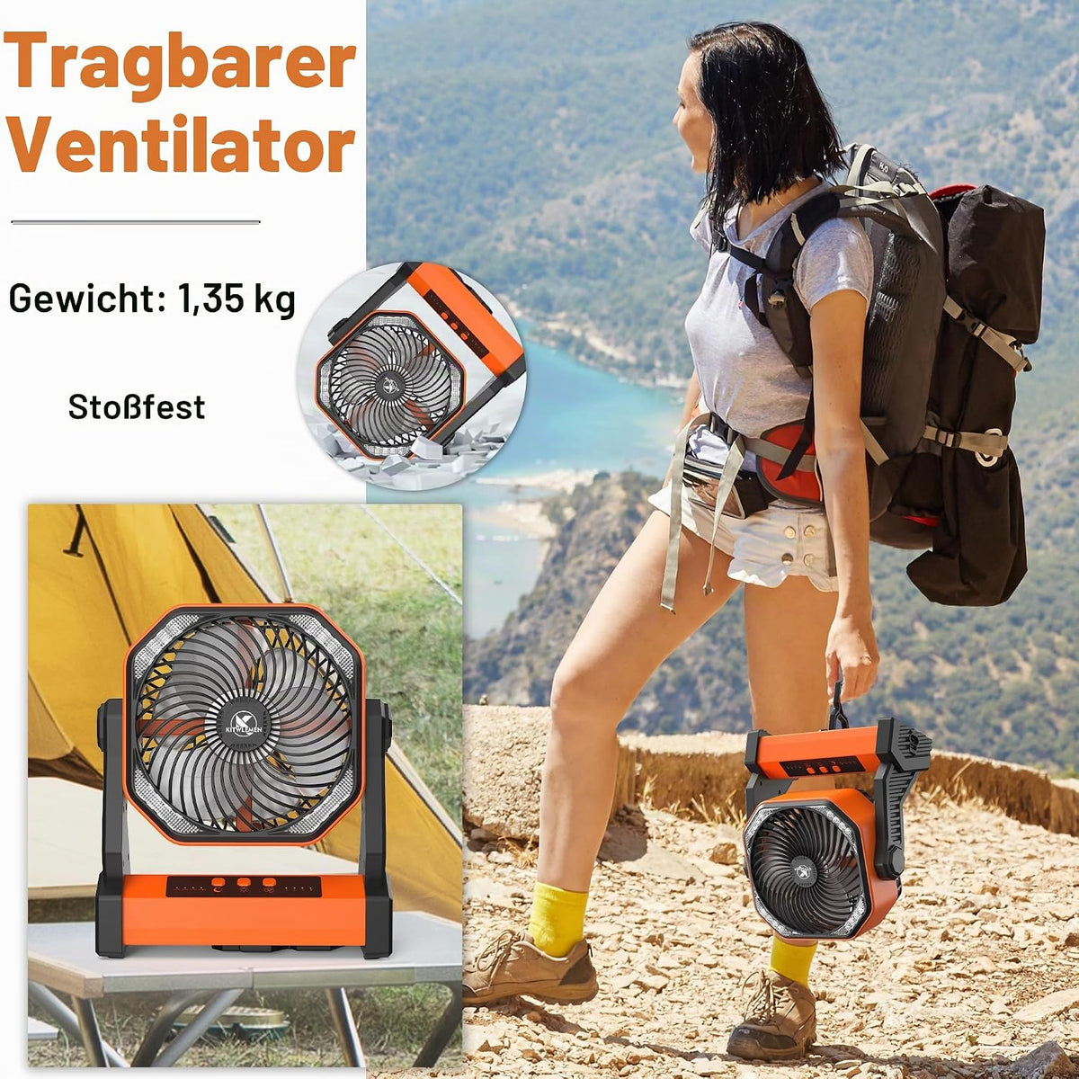 KITWLEMEN Akku-Campingventilator 20000 mAh mit LED-Licht