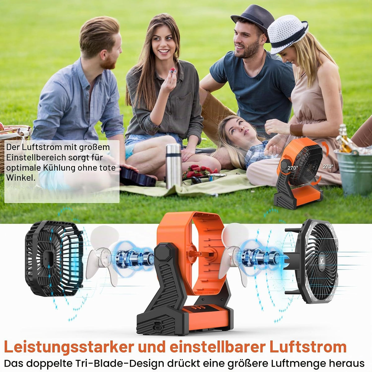 KITWLEMEN Akku-Campingventilator 20000 mAh mit LED-Licht