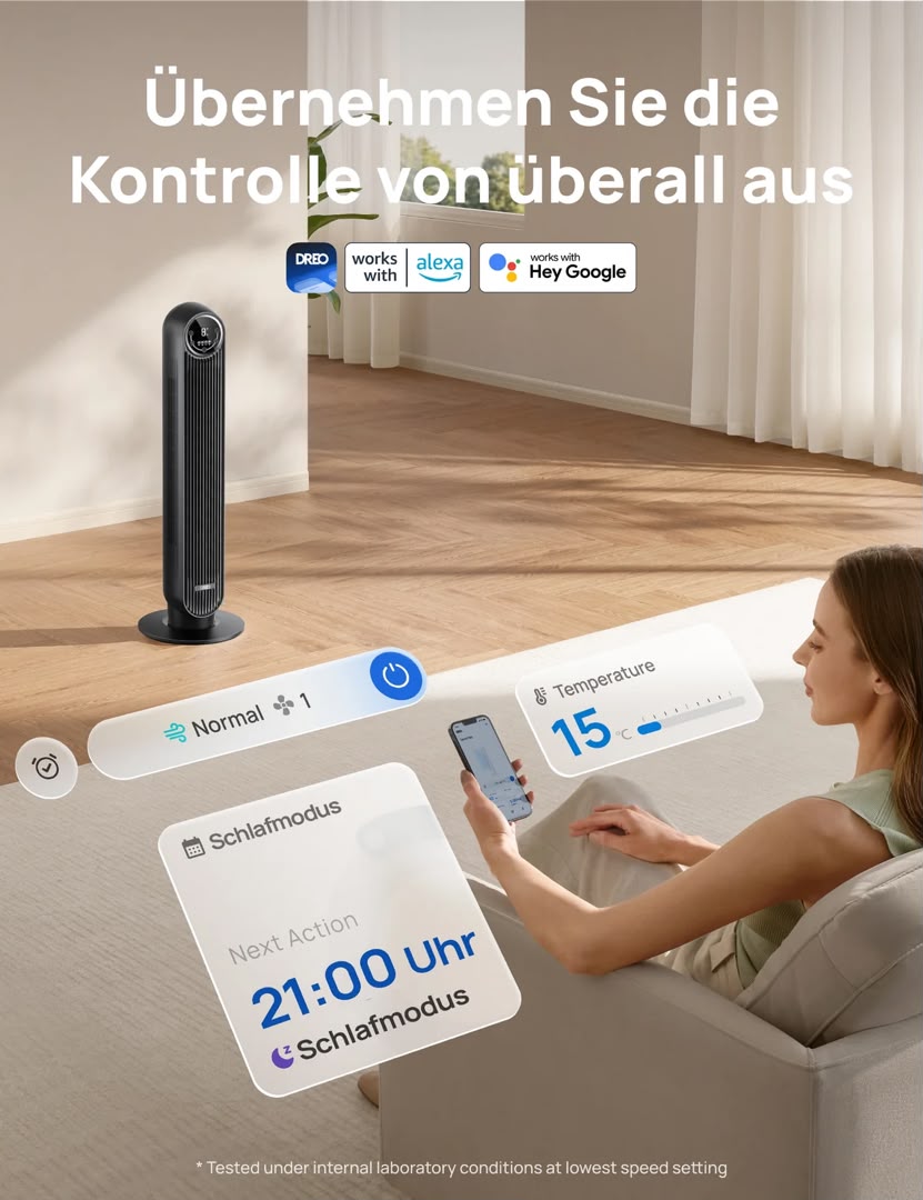 DREO 307S Smart Turmventilator – 8 Geschwindigkeiten, App-Steuerung & 90° Oszillation