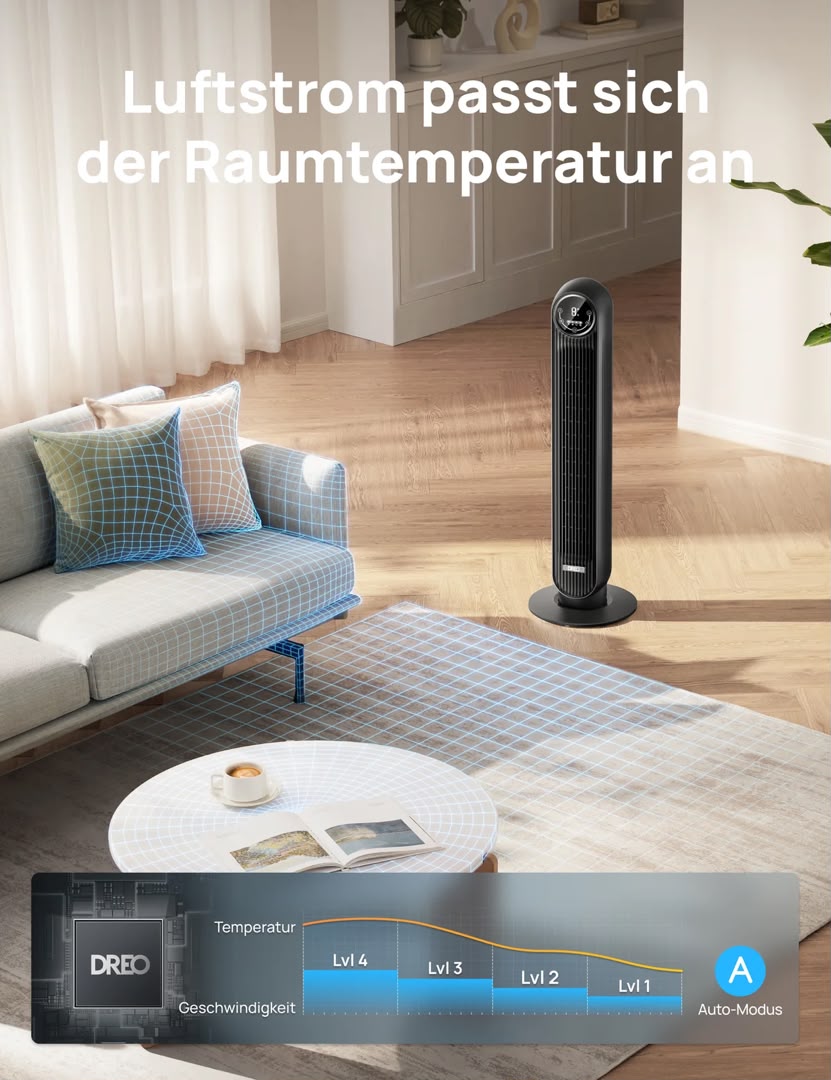 DREO 307S Smart Turmventilator – 8 Geschwindigkeiten, App-Steuerung & 90° Oszillation