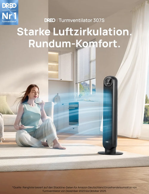 DREO 307S Smart Turmventilator – 8 Geschwindigkeiten, App-Steuerung & 90° Oszillation